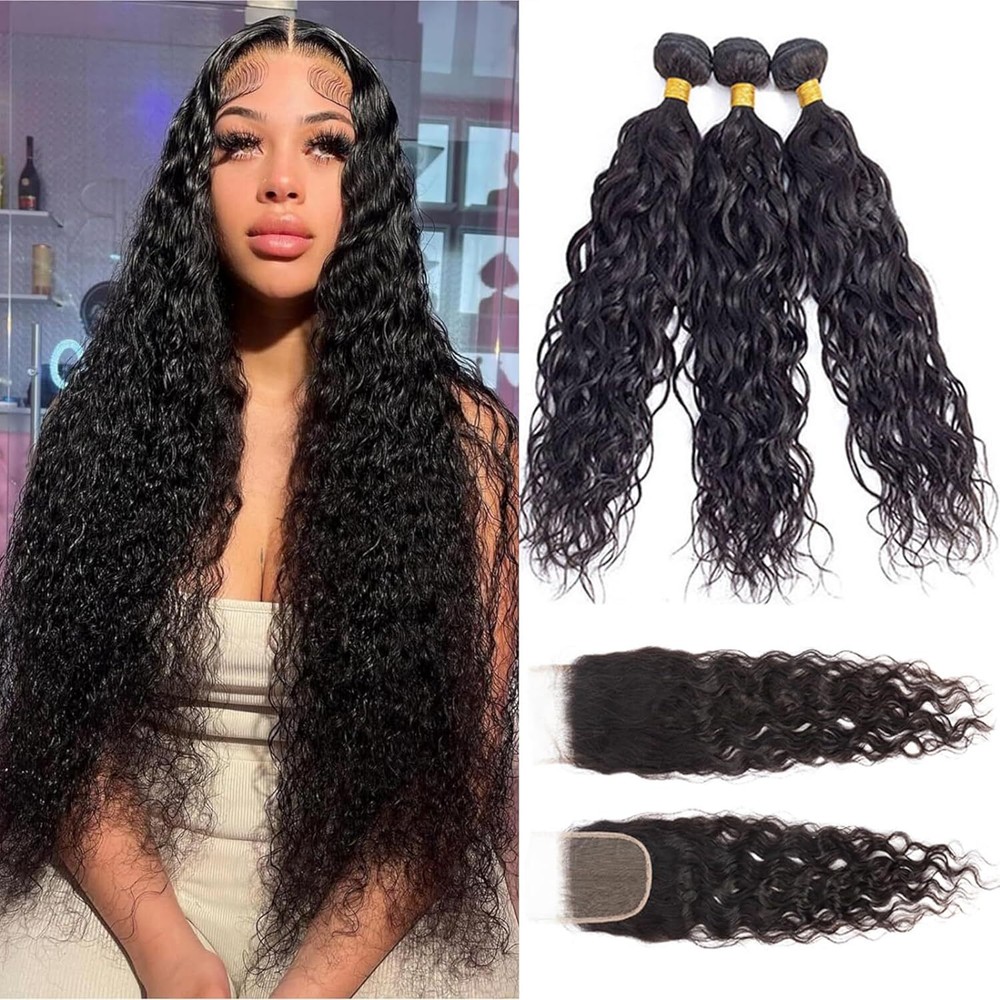 Human Hair Bundles with Lace Closure Water Wave Bundles with Lace Frontal Hair