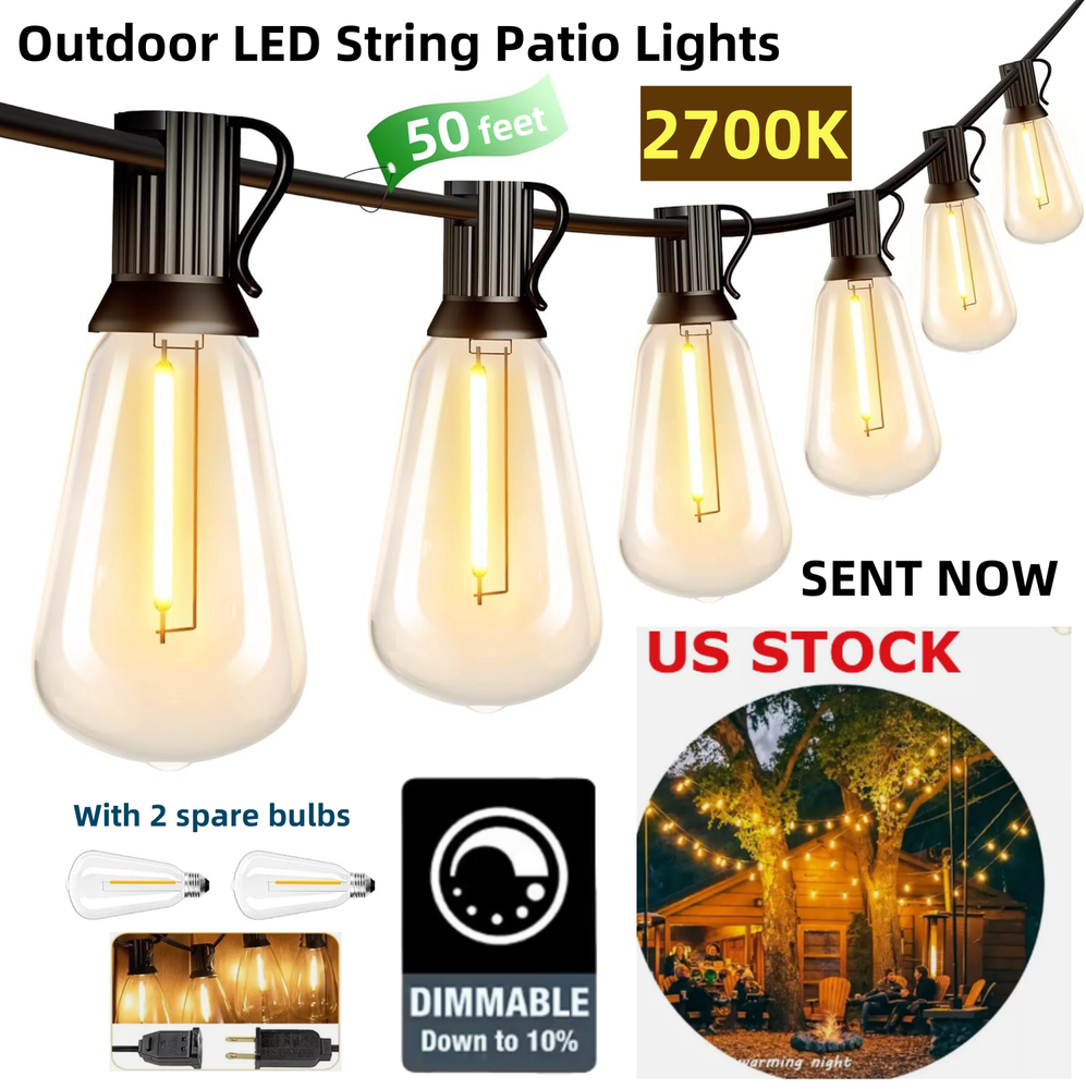 50FT - 300FT LED Outdoor String Lights Dimmable Waterproof ST38 LED Patio Lights