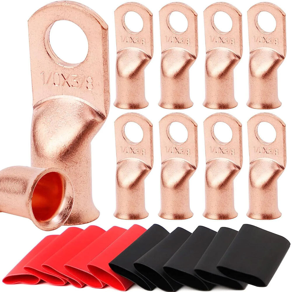 20pcs 1/0 AWG Gauge Copper Lugs w/ BLACK & RED Heat Shrink Ring Terminals Wire