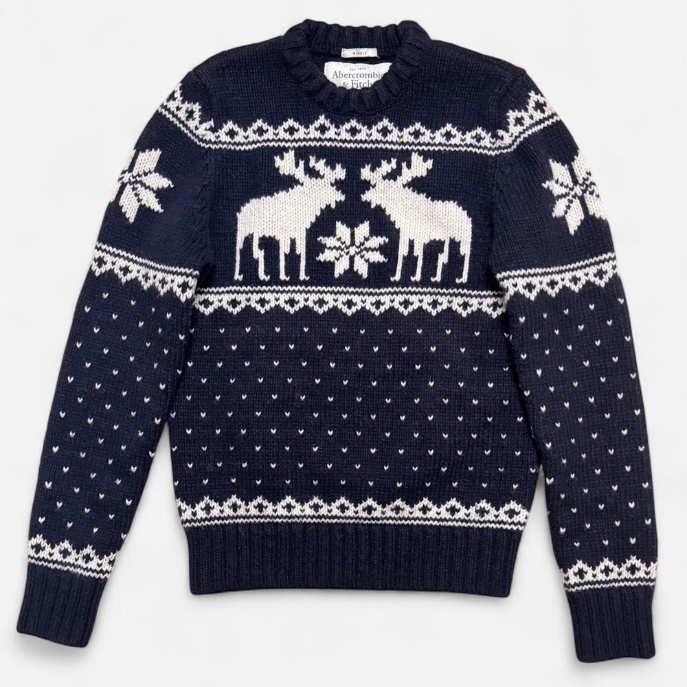 Abercrombie & Fitch Sweater Navy Knit Birdseye Moose Elk Muscle Mens XXL 2XL-image