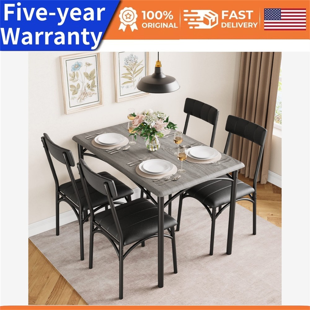 5 Piece Dining Set Kitchen Table and Chairs 4 Upholstered Chairs Metal and Woo