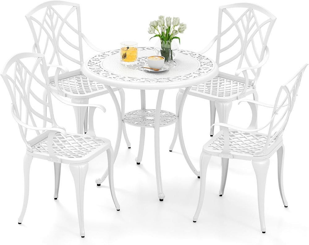 Outdoor Dining Set, 5 Pieces, Cast Aluminum, White - Round Table & 4 Chairs