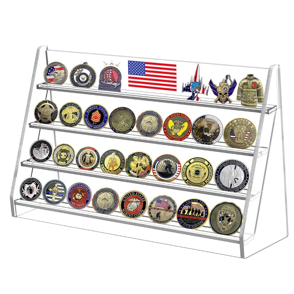 4 Rows Challenge Coin Holder Display Stand, Solid and Clear Acrylic Military ...