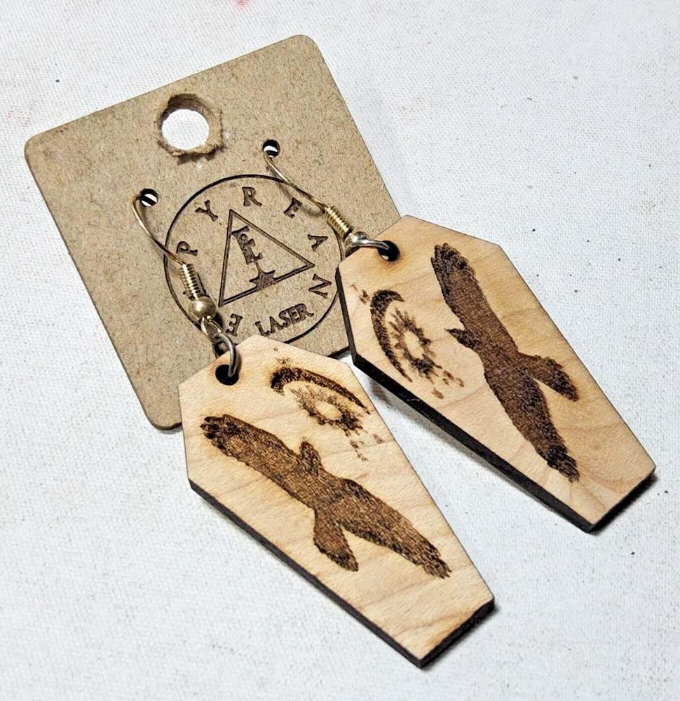 Laser engraved cut crow moon sun earrings hallowen custom art fashion coffin