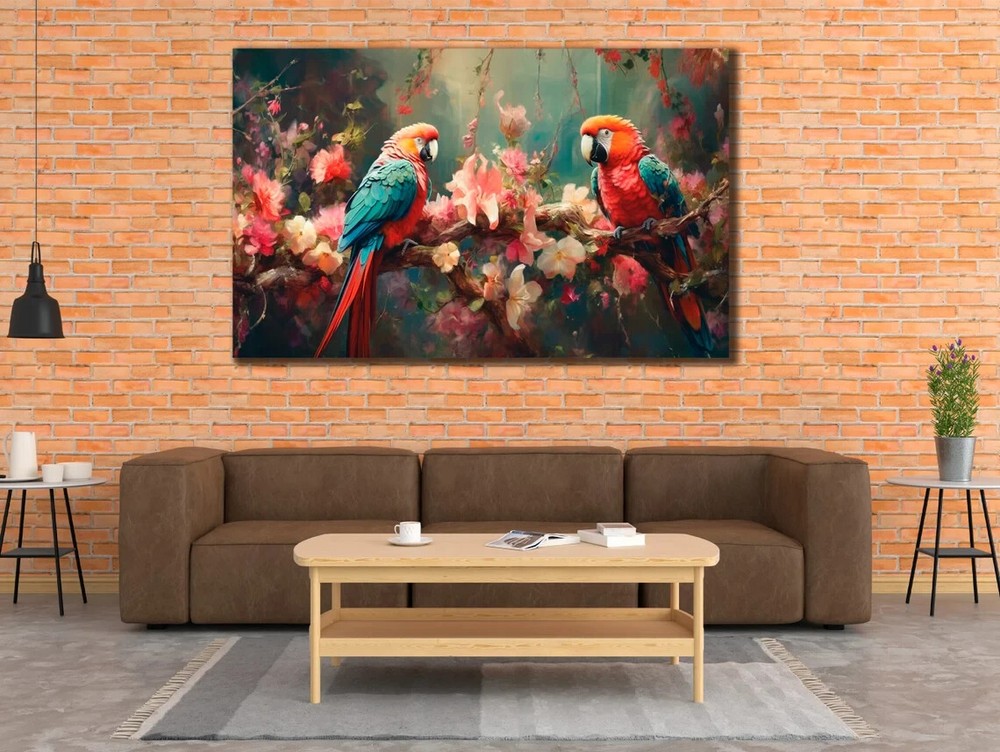 Colorful Art Parrots with Pink Blossom Unframed Canvas Print Australian Wall Art