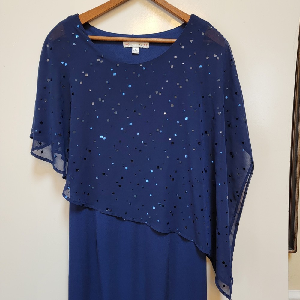 Elegant Dark Blue Formal Dress with Sheer Sparkly Overlay Size 8 by AA Studio-image