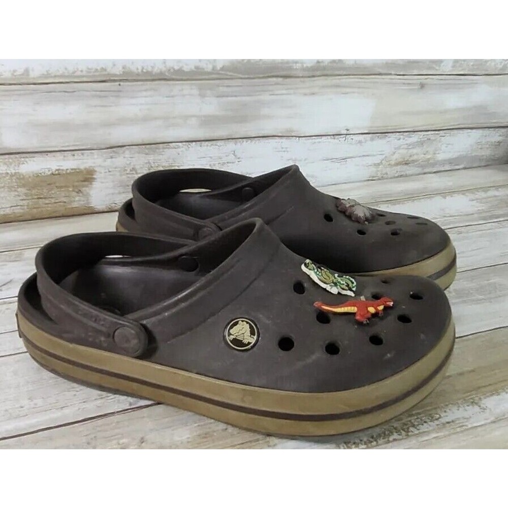 Crocs Crocband Slip On Slides Clog Brown W/ Charms Worn by Youth Boy B4 G6