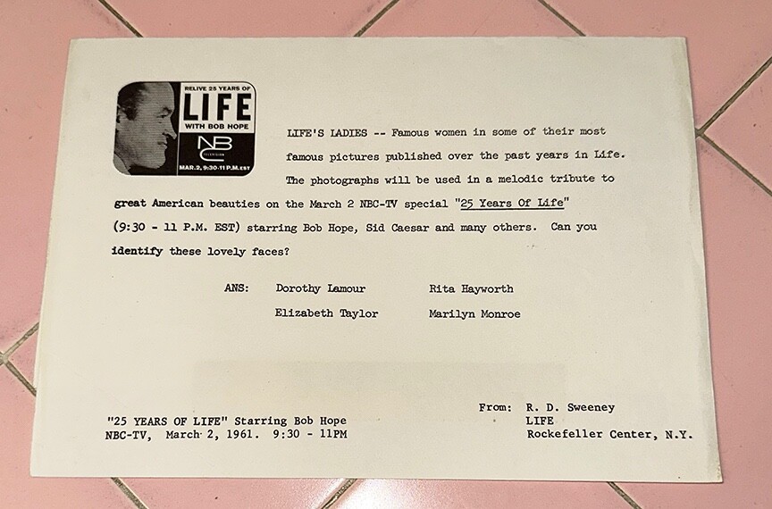 Vintage 1961 Press Release NBC Bob Hope 25 Years Famous Women In Life Magazine
