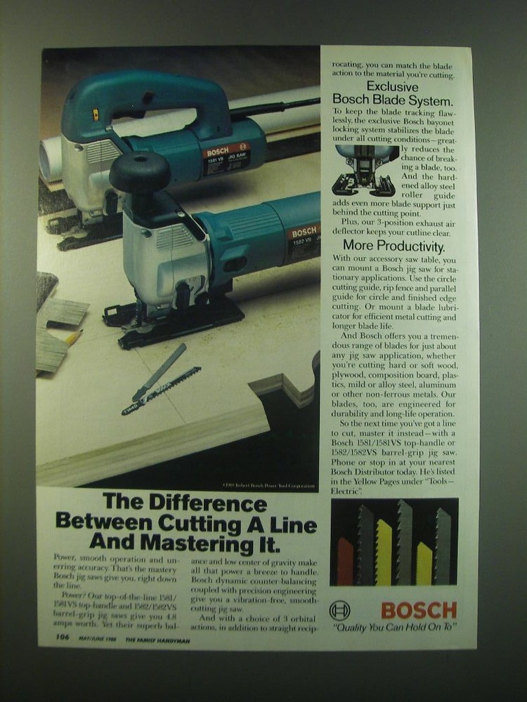 1988 Bosch 1581 VS and 1582 VS Jig Saws Ad - The difference between cutting