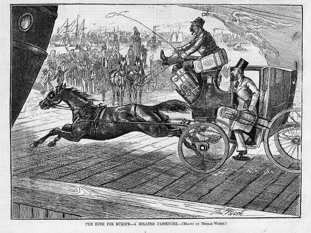 AMERICAN EXODUS TO EUROPE, RUSH FOR EUROPE, BELATED PASSENGER, HORSES, CARRIAGE