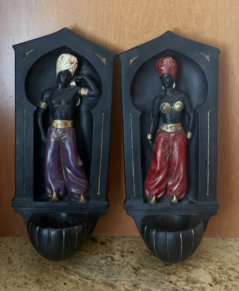 Vintage Alexander Backer ABCO Chalkware Arabian Figures RARE 1950’s Wall Sconces-image