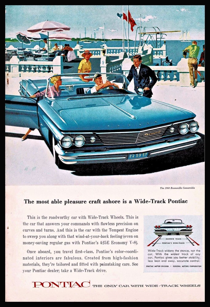 1960 PONTIAC Bonneville Blue Convertible at Waterfront Yacht Club Original AD-image
