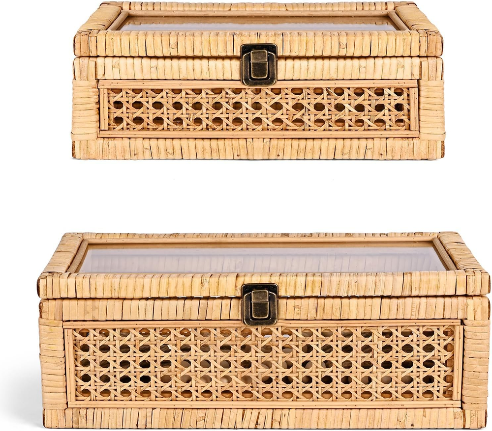 Rattan Woven Rectangular Decorative Box with Glass Lid - Set of 3