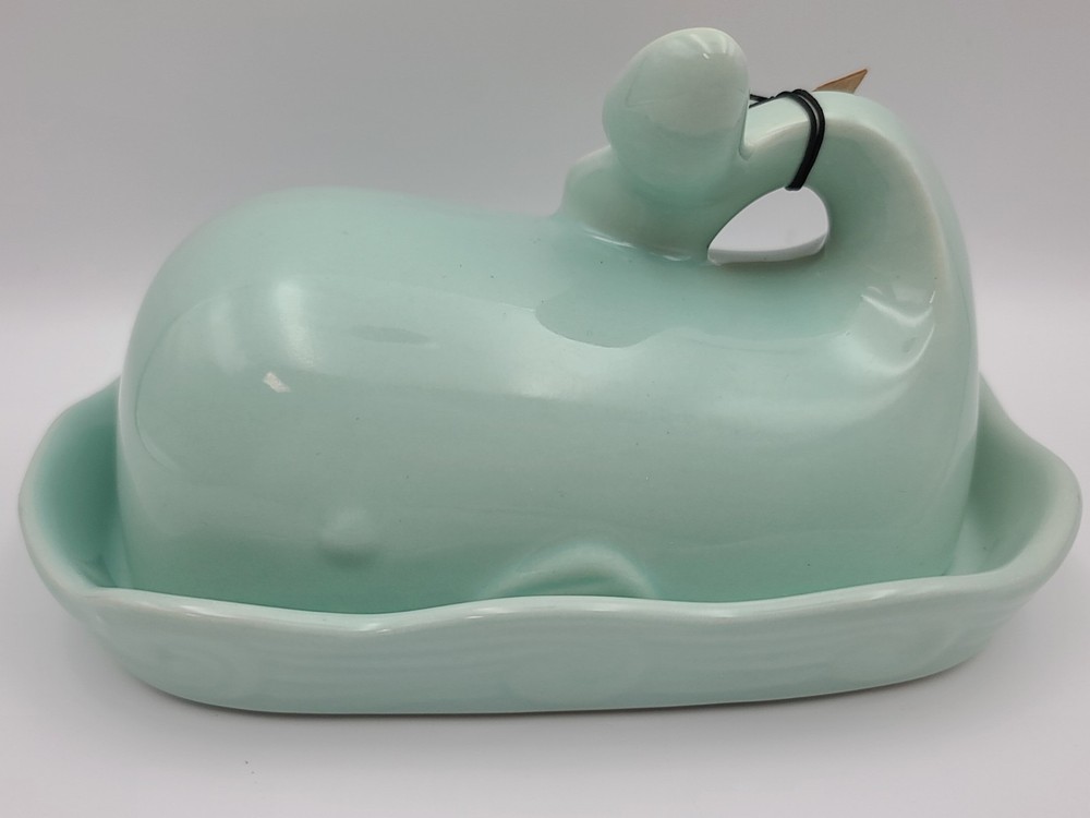 Stoneware Whale Butter Dish with Lid in Aqua Blue by Creative Co-op