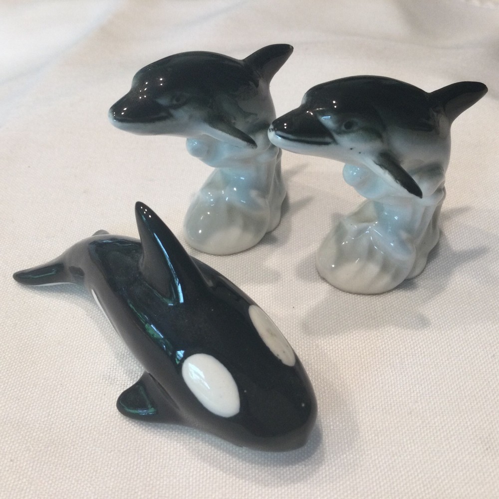 Vintage Miniature Mid Century Ceramic Whale and 2 Dolphin Figurines