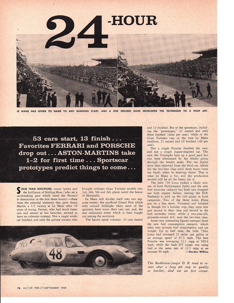 1959 24-HOURS OF LE MANS ~ ORIGINAL 2-PAGE ARTICLE