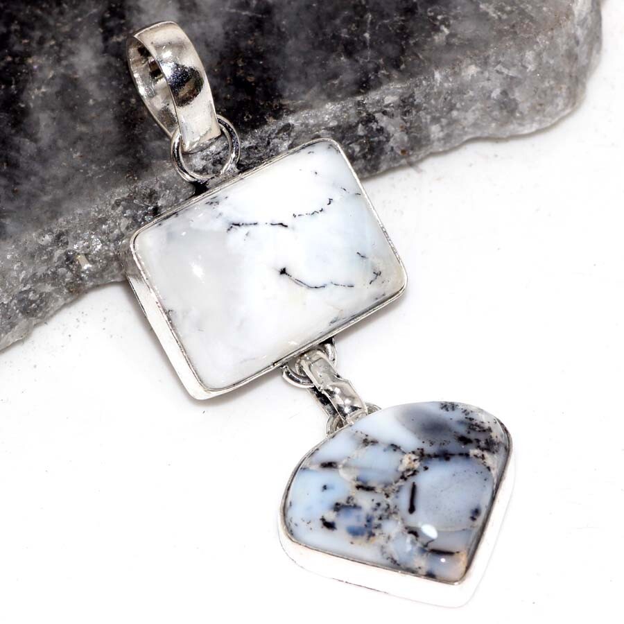 925 Silver Plated-Dendritic Opal Ethnic Gemstone Long Pendant Jewelry 2.3