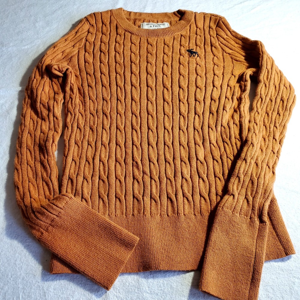 Abercrombie & Fitch Womens Crew Neck Cable-Knit Sweater Size M Orange 90s Moose-image