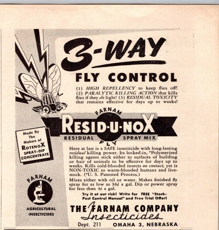 1948 Print Ad Farnam Co Insecticides Omaha NE Resid-U-Nox 3-Way Fly Control