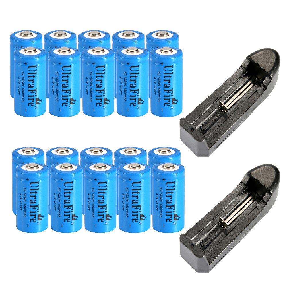 20pcs 16340 3.7v Ultrafire 1800mAH Rechargeable Battery Cell +2x Charger