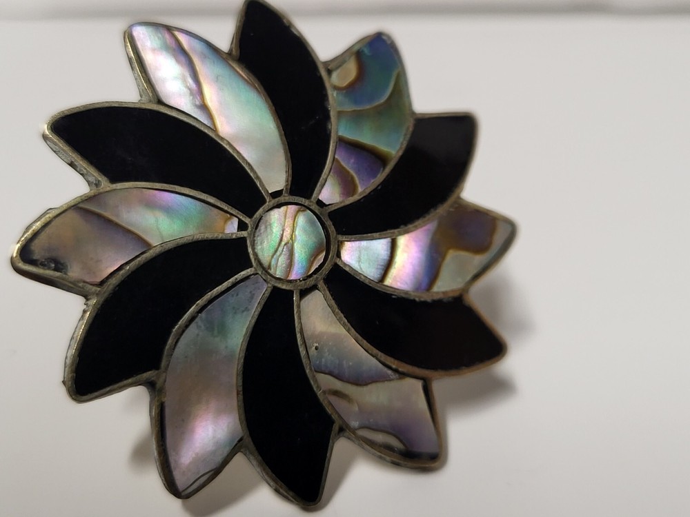 Vintage Mexico 925 Silver Black Onyx & Abalone Shell Mother Of Pearl Pin Brooch