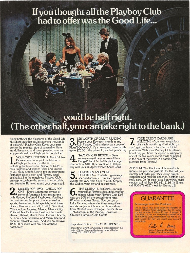 Vintage Print Ad Playboy Club - Dinner in a Bank Vault - July 1978 11