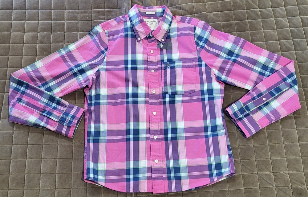 Abercrombie Fitch Shirt Mens XL Pink Plaid Muscle Fit Button Down Moose Logo-image
