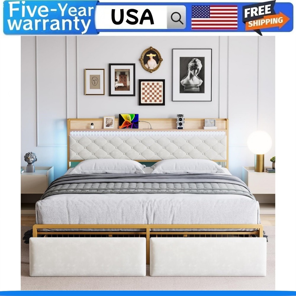 Full Size Bed Frame Platform Bed Frame W/LED Lights 2 Storage Drawers Headboard