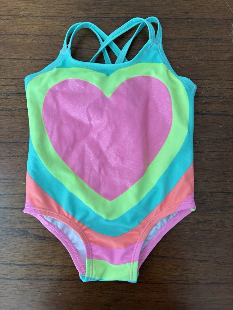 Carters Baby Girls Pink Glitter Rainbow Heart Cross Strap Swimsuit Size 12M