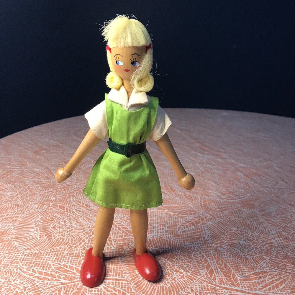Traditional Polish Peg Doll Made in Poland Wood Green Dress Blonde Vintage
