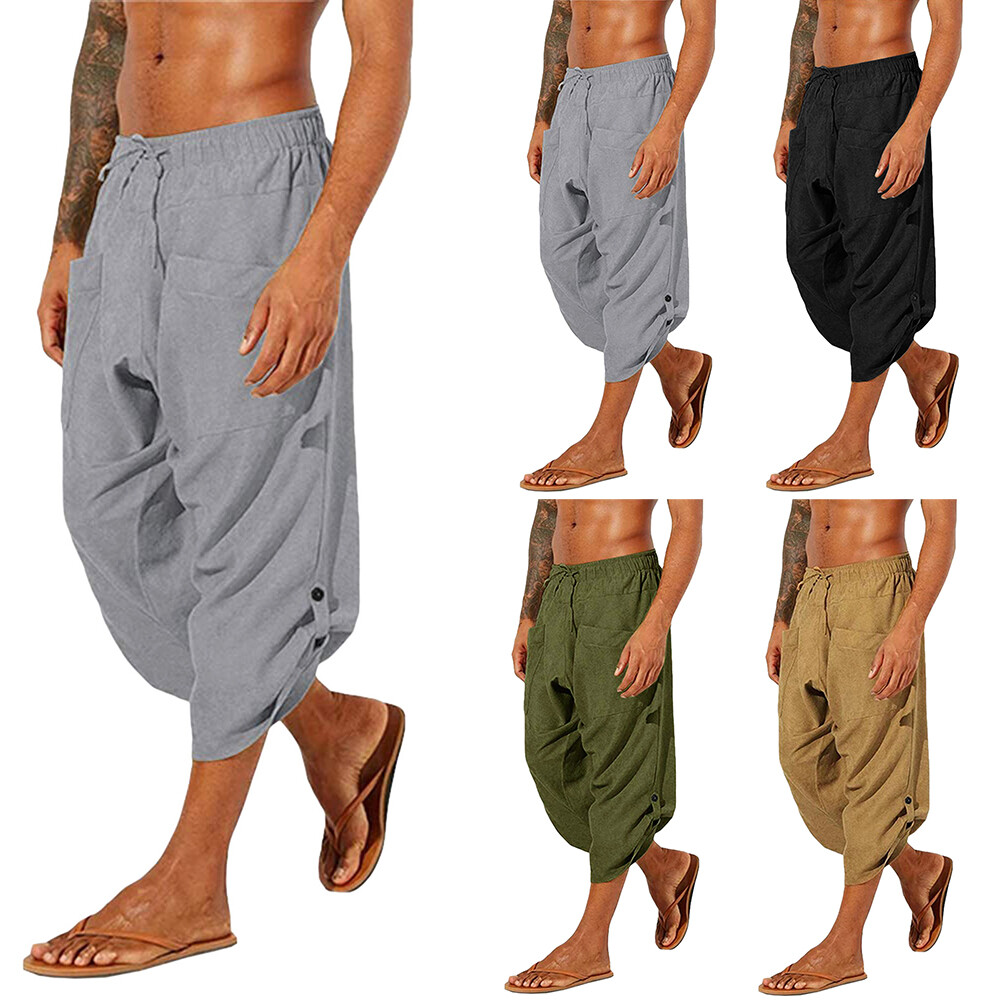 Mens Yoga Cotton Linen 3/4 Harem Pants Casual Baggy Loose Hippie Beach Trousers