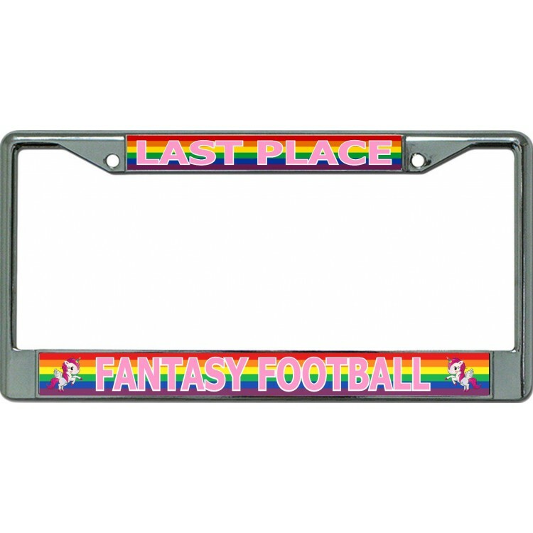 Fantasy football loser pink rainbow chrome license plate frame USA made