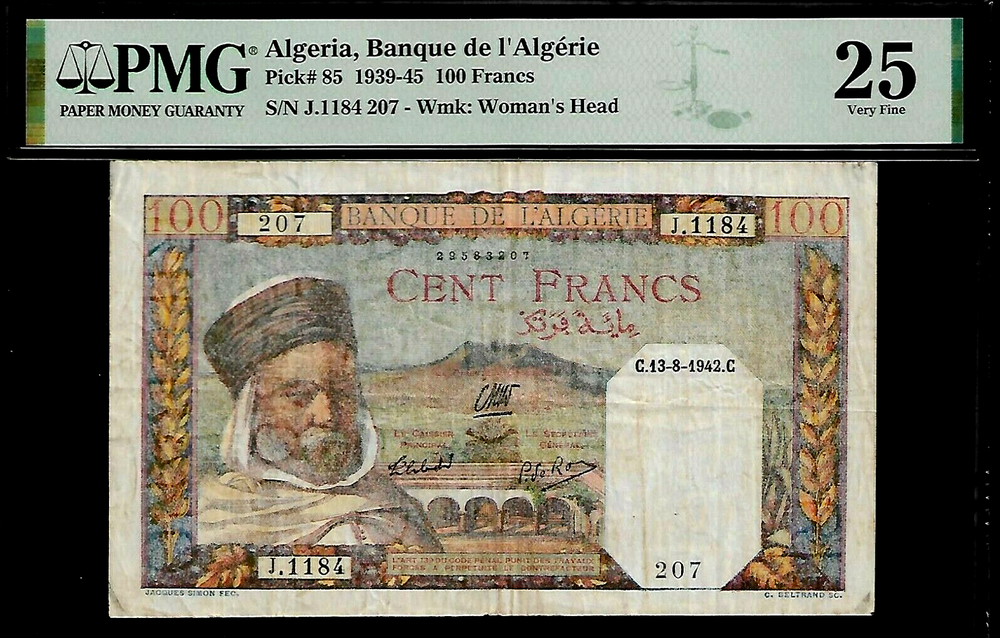 Algeria 100 Francs 1942 PMG 25  P#85  Banque de I'Algerie Series J