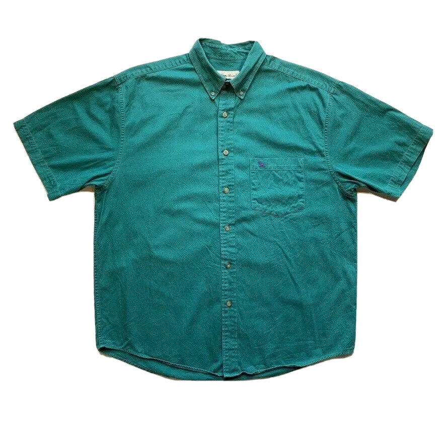 Eddie Bauer Men's Large Short Sleeve Twill Button-Down Shirt in Green for Summer Beach Wear