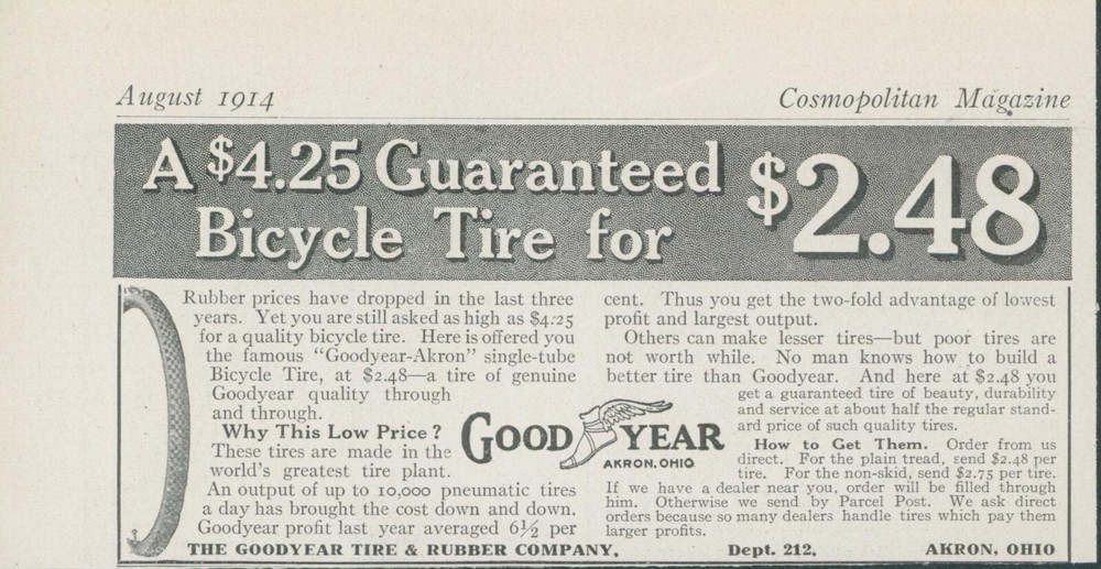 1914 Good Year Non-Skid Bicycle Tire Vintage Ad CO7 Discounted Price