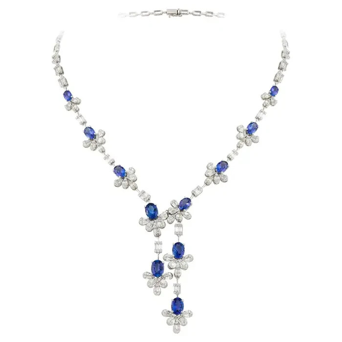 23Ct Oval Blue Sapphire CZ Y-Necklace in 14k White Gold Plated