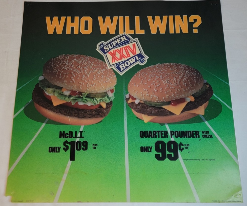1989 McDonald's Who Will Win Super Bowl XXIV Translite Store Display Sign