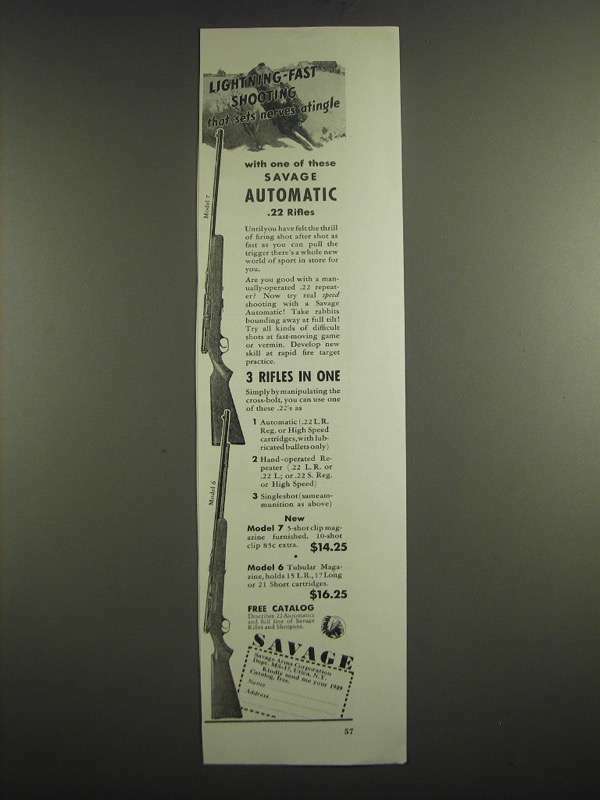 1939 Savage Model 7 and Model 6 Automatic .22 Rifles Ad - Lightning-Fast