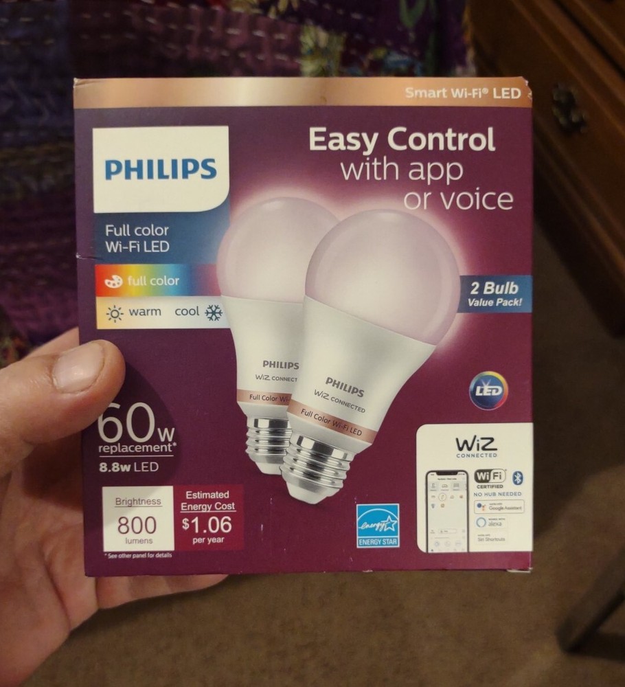Philips 2-Pack Smart Light Bulbs Wi-Fi LED Full Color 800lm 60W Replacement