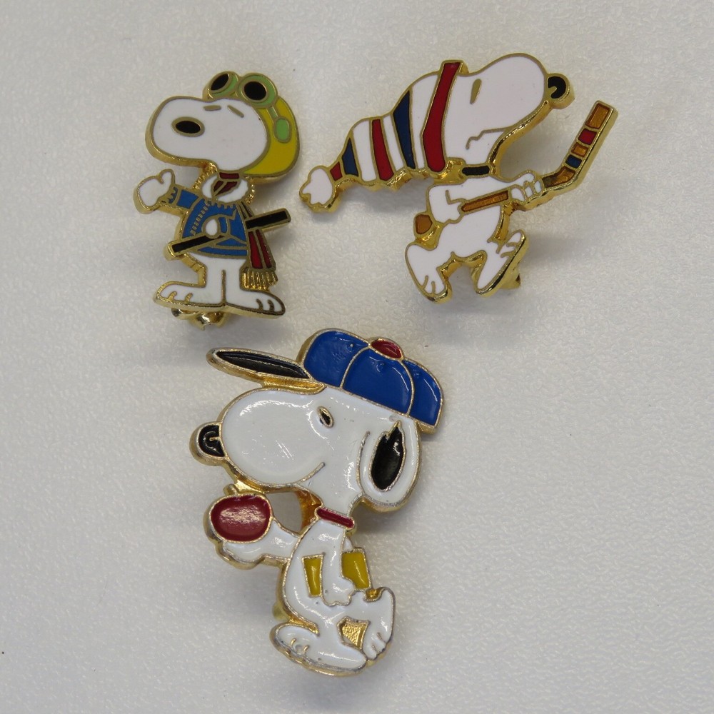 3 Vintage United Features Aviva Taiwan Snoopy Enamel Pins Hockey Pilot Apple