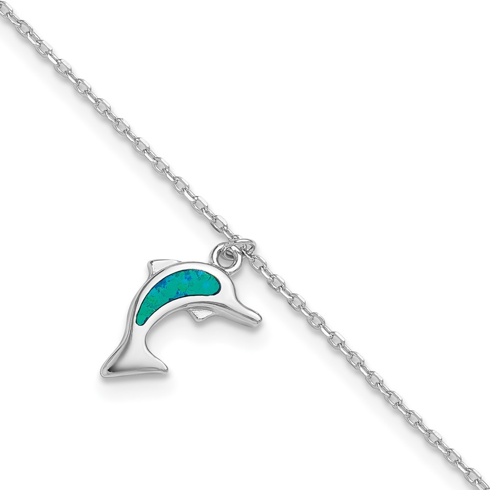 Sterling Silver Rhodium Plated Lab Opal Dolphin Anklet 9 Inch with 1 Extender