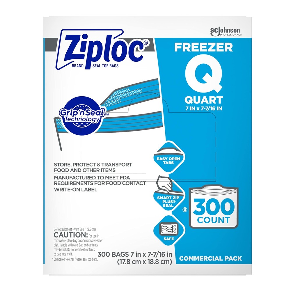 Ziploc 696187 Double Zipper Freezer Bags, 1qt, 2.7mil, 7 x 7 3/4, Clear w/Lab...