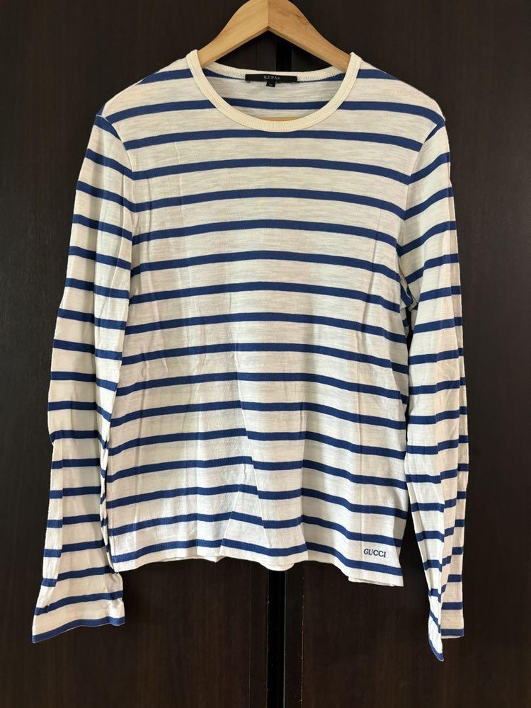 GUCCI Blue White Border Stripe Long Sleeve T-Shirt Men's Size M Pre-Owned