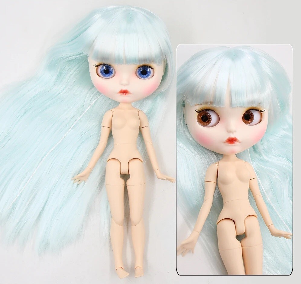 Blythe Doll Azure Hair White Skin Matte Face Interactive Toys 4 Eye Color Puppet