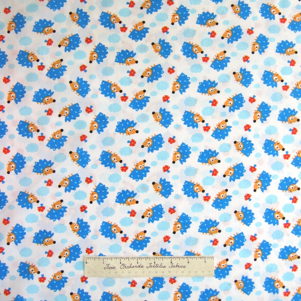 Nursery Baby Fabric - Blue Hedgehog Mushroom Toss White Timeless Treasure 1.25Yd