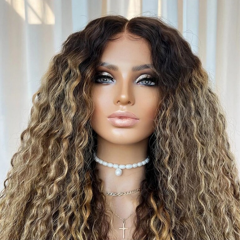 Ombre Brown Blonde Colored Highlights Human Hair Wig Deep Curly Lace Front Wigs