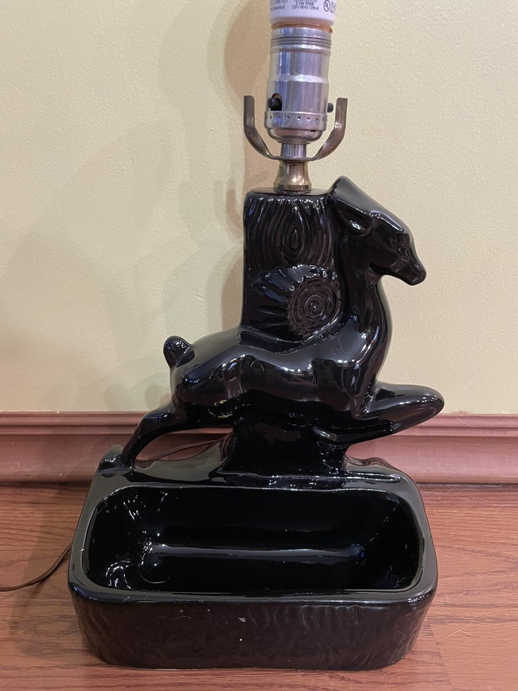 Solid BLACK Deer Gazelle TV LAMP W/ PLANTER TRINKET DISH 1950's Ceramic WORKS