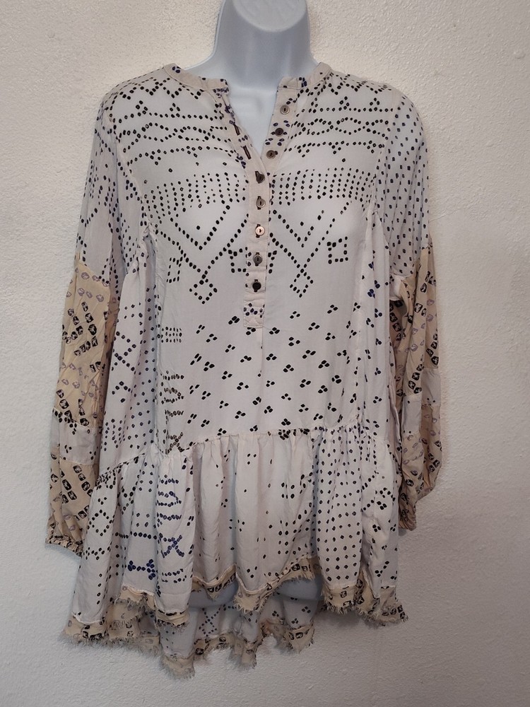 Free People Women's S/P Ivory Tunic Dress Mini Tiered Ruffle Puff Sleeve Boho