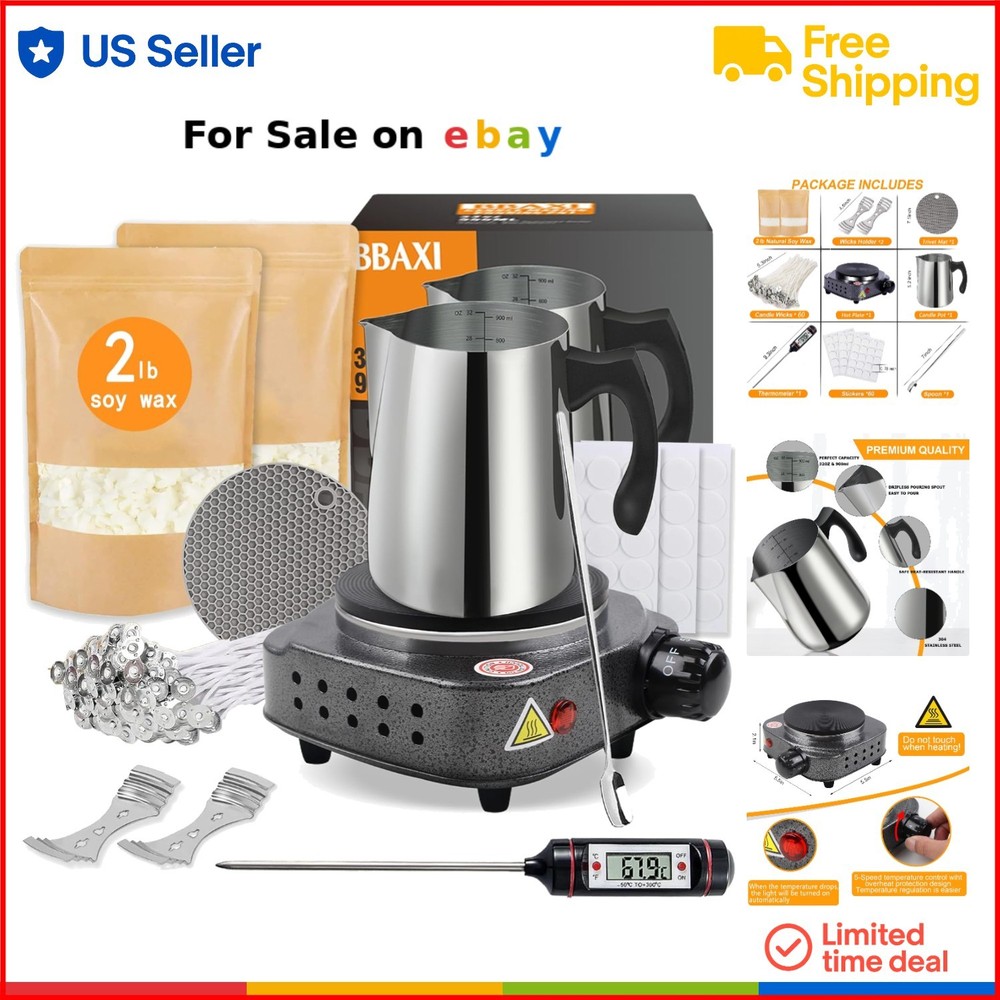 Candle Making Kit with Hot Plate Soy Wax Melter Pouring Pot Wicks Thermometer