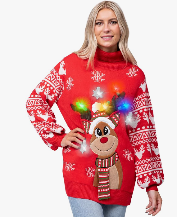 Women's Christmas Red Reindeer Ugly Long Sweater Built-in Light Bulbs, Large